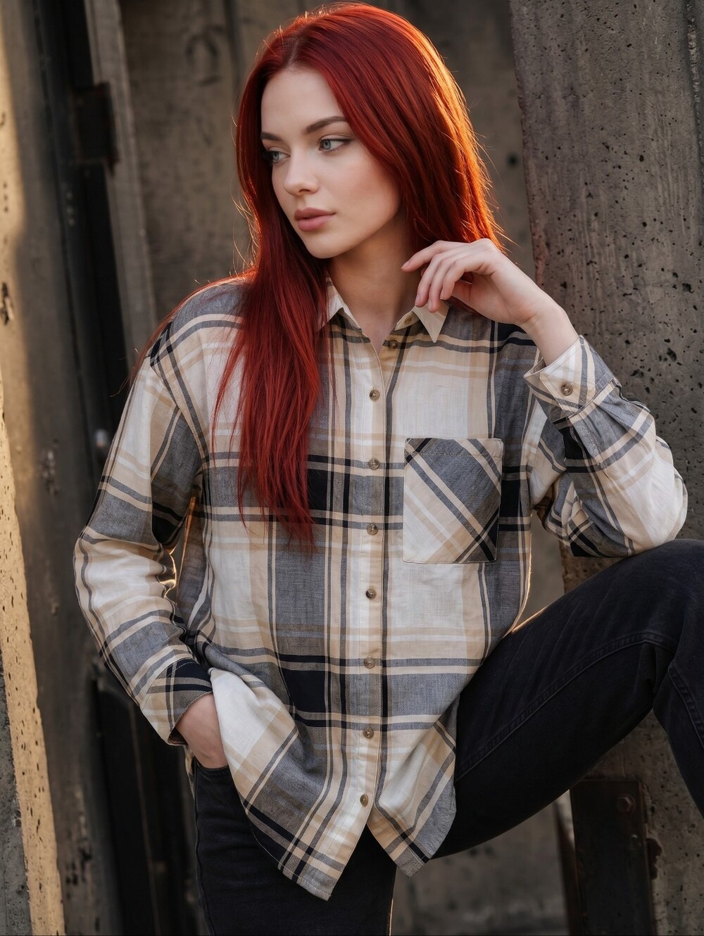 Sanctuary Boyfriend Plaid High-Low Tunic Shirt Small Cream Black Tan Button Down